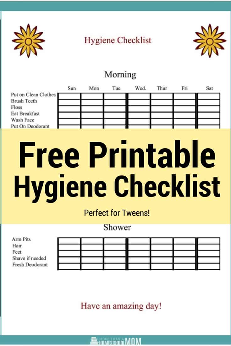 Free Printable Hygiene Checklist - Teach Hygiene to your tween with this free printable hygiene list. Give your tween independence while teaching self care. #freeprintable #tween #parenting
