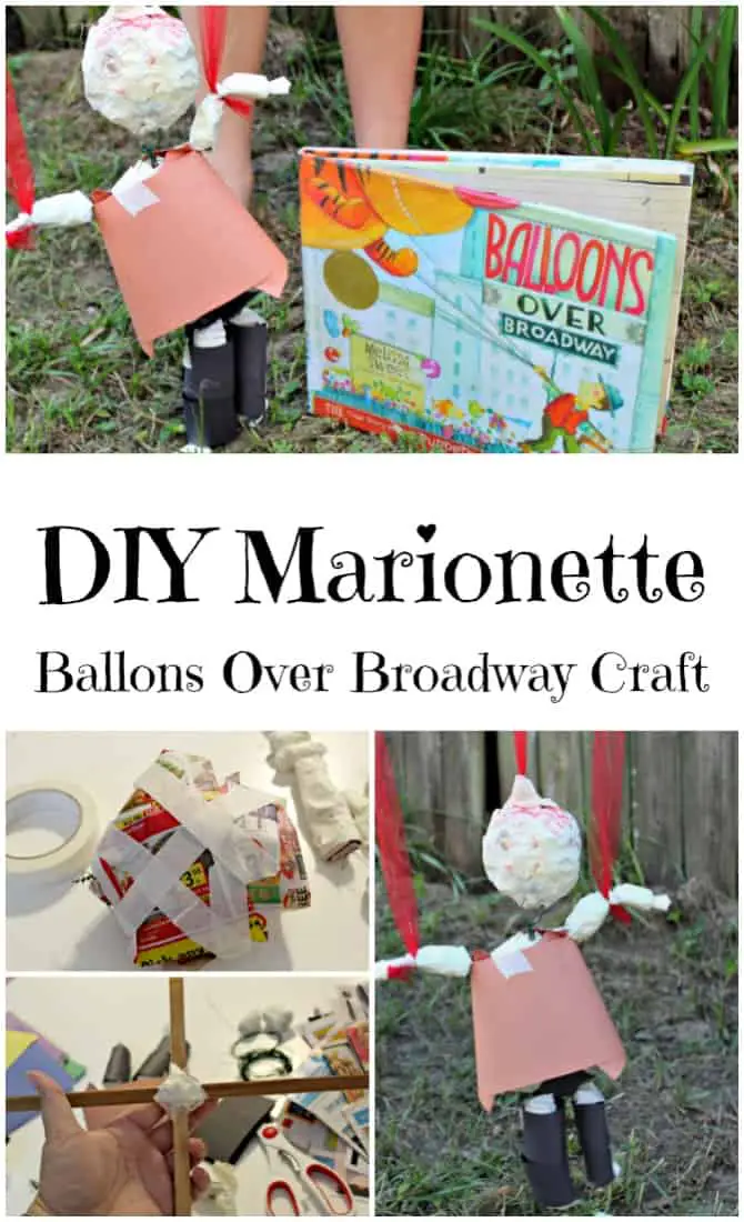 DIY Marionette Craft for Balloons over Broadway Book for kids. Perfect Thanksgiving Craft or hands on diy project for kids. No hot glue or paper mache needed. Great alternative to pilgrim thanksgiving projects. 