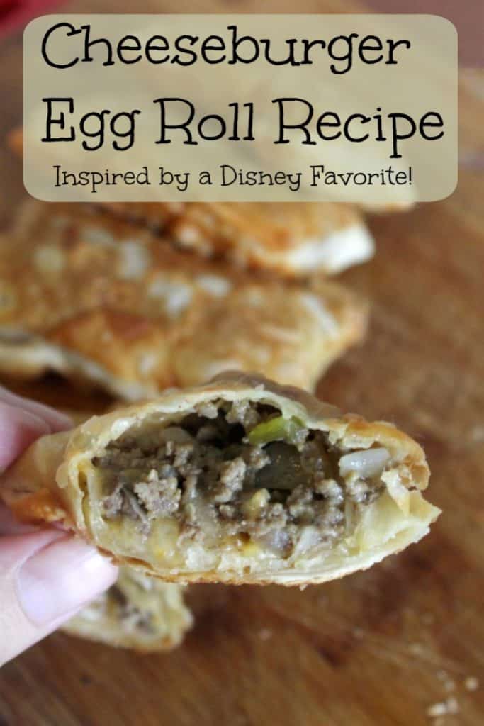 Missing the Disney parks? This Cheeseburger Egg Roll recipe is EASY and is a little taste of Disney you can make at home for your family! This easy recipe is the perfect appetizer or dinner recipe kids are sure to enjoy while parents will love them too! Easy eggroll recipe for families! This easy recipe is quick and delicious! #Recipe